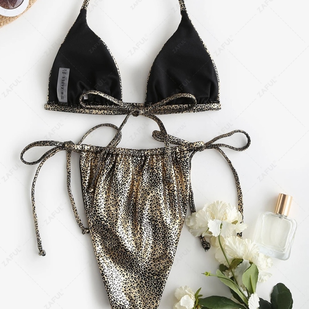 ZAFUL Convertible Glossy Coated Snakeskin Leopard String Bikini Golden size s - Picture 4 of 9